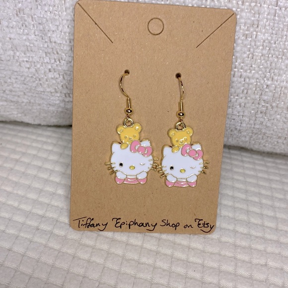 Pink Hello Kitty Inspired Winking Hello Kitty w/ Teddy Earrings NWT - Picture 1 of 3
